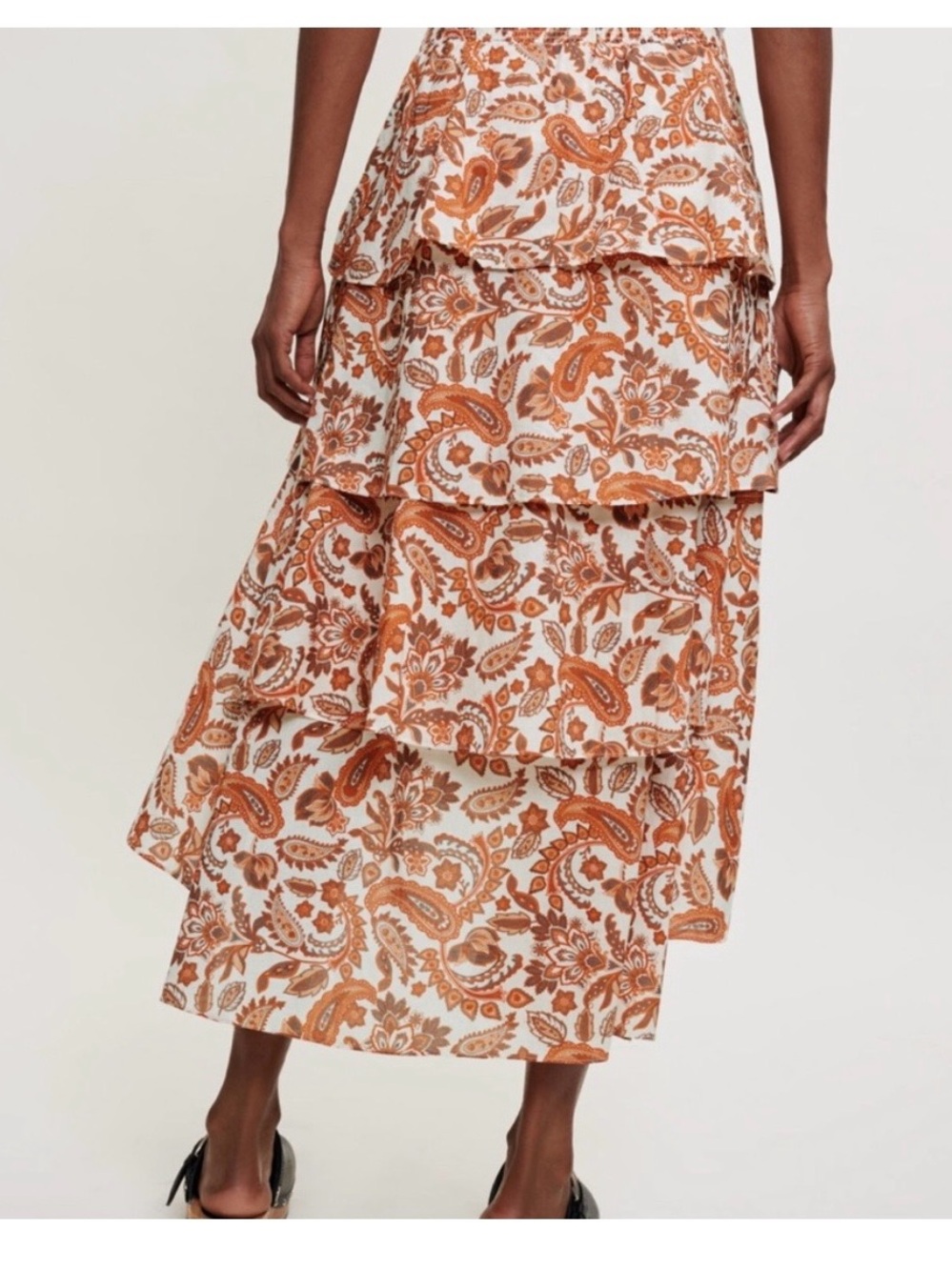 Maje Tiered Paisley Maxi Skirt in Rust and Cream